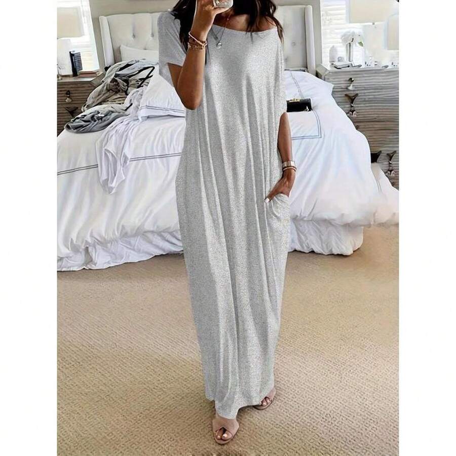Women's Solid Color Batwing Sleeve Lounge Dress, Casual Elegant Comfy Short Sleeve Baggy Nightdress Daily Wear, Ladies Sleepwear All Seasons, Womenswear, Night Gown Women Loungewear Comfort - Grey - View 1