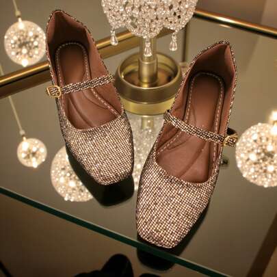 Sapatilha Feminina Bico Quadrado Glitter Ouro Velho - brilho, festa, confortavel, estilosa