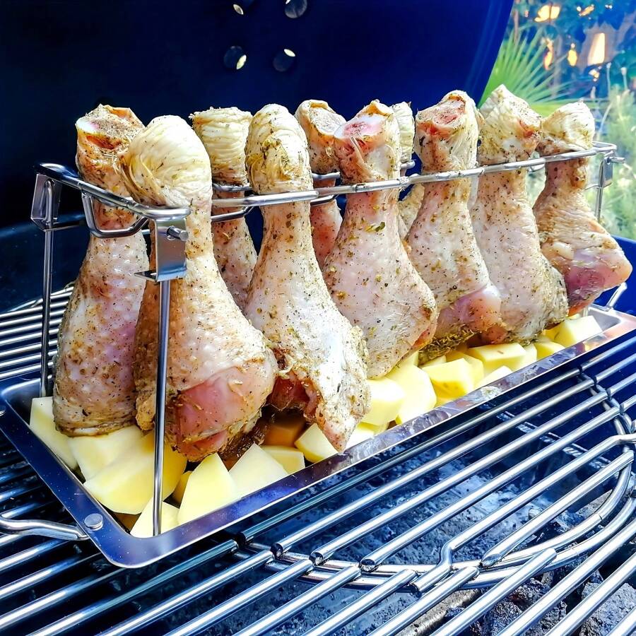 1 Set Edelstahl Grill Hühnchenbeinhalter + Auffangschale / Nur 1 Stück Hühnchenbeinhalter, zweilagiger Gemüse- und Fleischgrill, Küchenausstattung, Küchenartikel, BBQ Zubehör