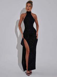 Summer Elegant Halter Black Maxi Long Dress For Women Slit Dress Wedding Night Out Evening Cocktail Party Dress Sexy