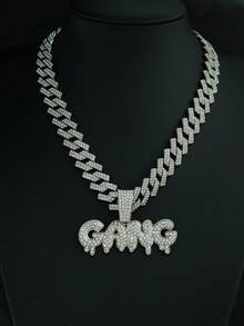 1 件欧美品牌“GANG”英文字母水钻吊坠项链，嘻哈男士日常配饰