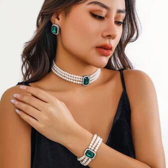4pcs Set Elegant & Fashionable Multi-Layer Faux Pearl Beaded & Gemstone Inlaid Necklace, Earrings & Bracelet Jewelry Set, Suitable For Women's Daily Wear, Wedding, Party, Holiday & Anniversary Gift