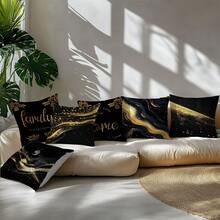 6 pièces Housses de coussin décoratives pour la maison, texture de marbre noir et or, matériau en velours imprimé sur un seul côté, dimensions 45*45/50*50/40*40 cm. Convient pour un canapé minimaliste moderne, la décoration du salon, les cadeaux, la décoration de fête. - 6 pièces - Or noir - Voir 5