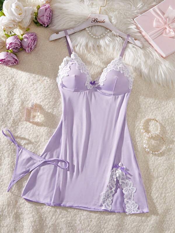 V-Neck Lace Patchwork Contrast Color Split Hem Fashionable Charming Design Women's Nightgown With Thong, Sexy Women's Lingerie, Spaghetti Strap Erotic Dress For Going Out