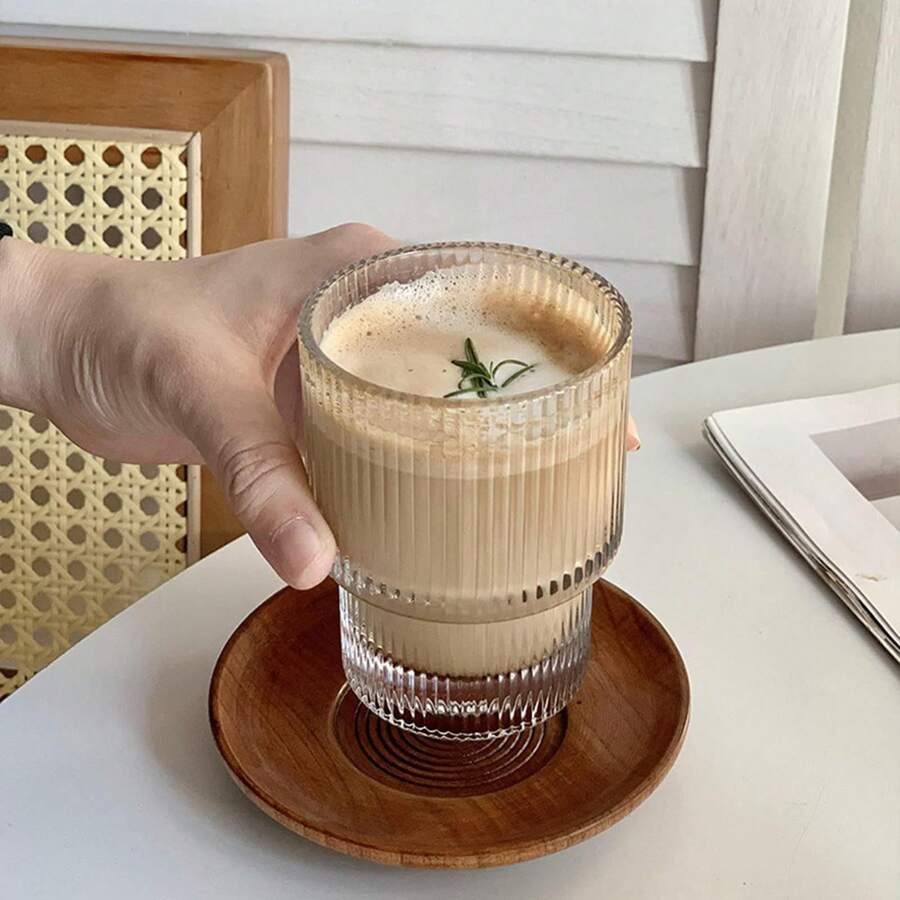 1pc 300ml Transparent Vertical Grain Glass Coffee Cup Milk Cup Juice Cup Ice Cream Cup Suitable For Party, Home, Cafe, Restaurant