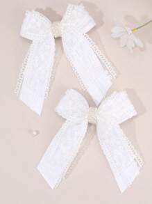2 piezas de grandes lazos para el cabello de encaje con estilo de hada, pasadores de cabello con cola larga blanca con clip de flores de perla para uso diario y fiesta de boda, regalos perfectos para niñas, accesorios para el cabello