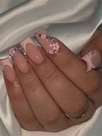 24pcs Medium Size Coffin Shaped Press-On Fake Nails With Sparkling Rhinestone Trim And Sweet Floral Patterns, Fashionable Nail Art Design. Includes 1pc Jelly Gel And 1pc Non-Slip Sticker. Suitable For Women's Party, Ball, And Casual Wear, Removable And Reusable.