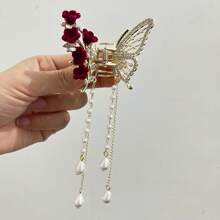 1 Peça Grampo de Cabelo com Tassels, Decorado com Strass em Formato de Borboleta e Pérolas Falsas, Acessório de Cabelo Elegante, Grampo de Cabelo, Presilha de Cabelo, Itens Escolares, Faculdade