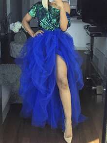 Women Long Tulle Tutu Skirt High Waist Layered A-Line Puff Mesh Skirt Floor Length Split Half-Dress Princess Skirt - 藍色 - 查看 1