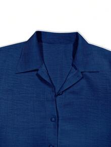 女式两件套短袖上衣和松紧腰泡泡袖裤，浅灰色，夏季 - 藏蓝色 - 查看 6