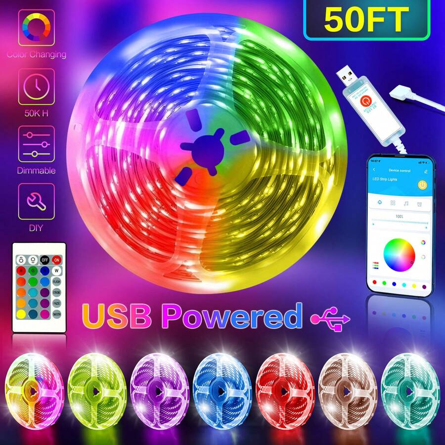 50/ 60/ 65.6/100FT Intelligent RGB LED Light Strip, USB Power Supply, APP& 24-Key Remote Control, Built-In Microphone, Music Synchronization, A Variety Of Modes Can Be Selected, Suitable For DIY Living Room, Bedroom, Game Room, Festival, Party, Halloween Christmas Decorative String Lights Decoration. - ánh sáng màu - Xem 1