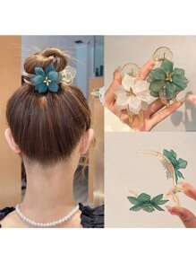 3个优雅3D立体花朵发夹 - 防滑香蕉夹，适用于丸子头和马尾辫，绿白花朵设计，金色点缀，百搭发饰，适合青少年，完美适用于休闲装扮和休闲派对，可爱发夹，女孩配饰，发饰，秋季，美发工具，女士配饰，美发用品，秋季，女士发饰，美容配饰 - 彩色 - 查看 2