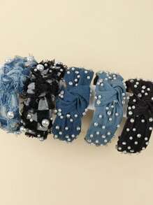 1 buc. Bandă de păr încrustată cu perle pentru femei, stil coreean nou, accesoriu de păr cu nod mijlociu, denim spălat, cerc larg pentru păr