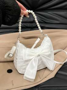 1 Piece Of Cute Versatile Crossbody Bag With Bow Pearl Nylon Zipper Closure, Suitable For Daily Use, Zipper Design, Adjustable Shoulder Strap, Suitable For School And Travel, Can Easily Accommodate Daily Necessities, Versatile Single Product, Fashion Darling, Suitable For All Styles And Occasions, With Strong Style Adaptability