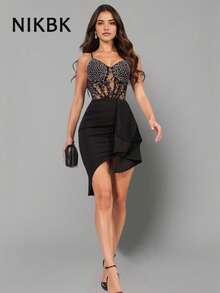 NIKBK 女式细肩带夏季黑色水钻褶饰优雅迷你修身连衣裙狂欢婚礼伴娘宾客装、派对礼服、鸡尾酒会 - 黑色 - 查看 8