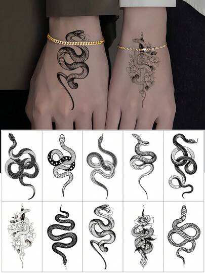 10 件蛇纹纹身贴纸，防水逼真黑蛇临时纹身，适用于手部、手腕和身体艺术，一次性假纹身身体贴花