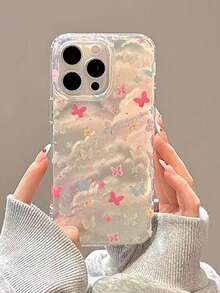 彩虹色花卉和蝴蝶印花手机壳适用于 16 Pro Max/15 Pro/14/13/12/11，创意独特保护保险杠保护套，适用于女性，防水防震防摔防刮 - 銀色 - 查看 3