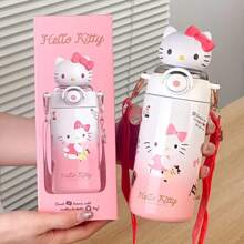 Sanrio 1 Stück Hello Kitty 316 rostfreier Stahl Isolier-Wasserflasche 600ml auslaufsicher mit Strohhalm & Riemen, süßer Buchstabendruck Reise-Trinkbecher für Frauen, Weihnachten Halloween Thanksgiving Geschenk, Urlaubsgeschenk | Charakter-Themen-Trinkflasche