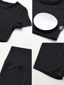 NcmRyu Women's Sexy Fitted Stretchy Short Sleeve Shorts Sports Set - màu đen - Xem 3