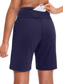 Womens 9" Athletic Long Shorts With Pockets High Waisted Summer Workout Shorts Womens Bermuda Shorts Gym Running Casual - 軍藍色 - 查看 2