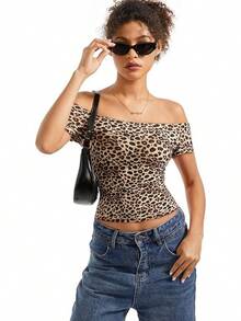 Women Double Lined Off Shoulder Tops Fitted Going Out Basic Shirts - Cheetah - View 6