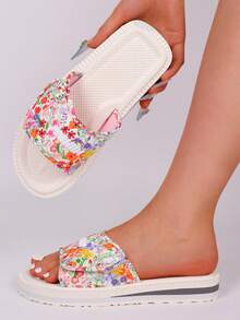 Women's Floral Print Slip-On Sandals - Comfortable Beach & Casual Flat Slippers With Adjustable Straps, Breathable Fabric Upper, EVA Sole, Suitable For Indoor/Outdoor Use, Fashion Footwear, Adjustable Strap - White - View 2