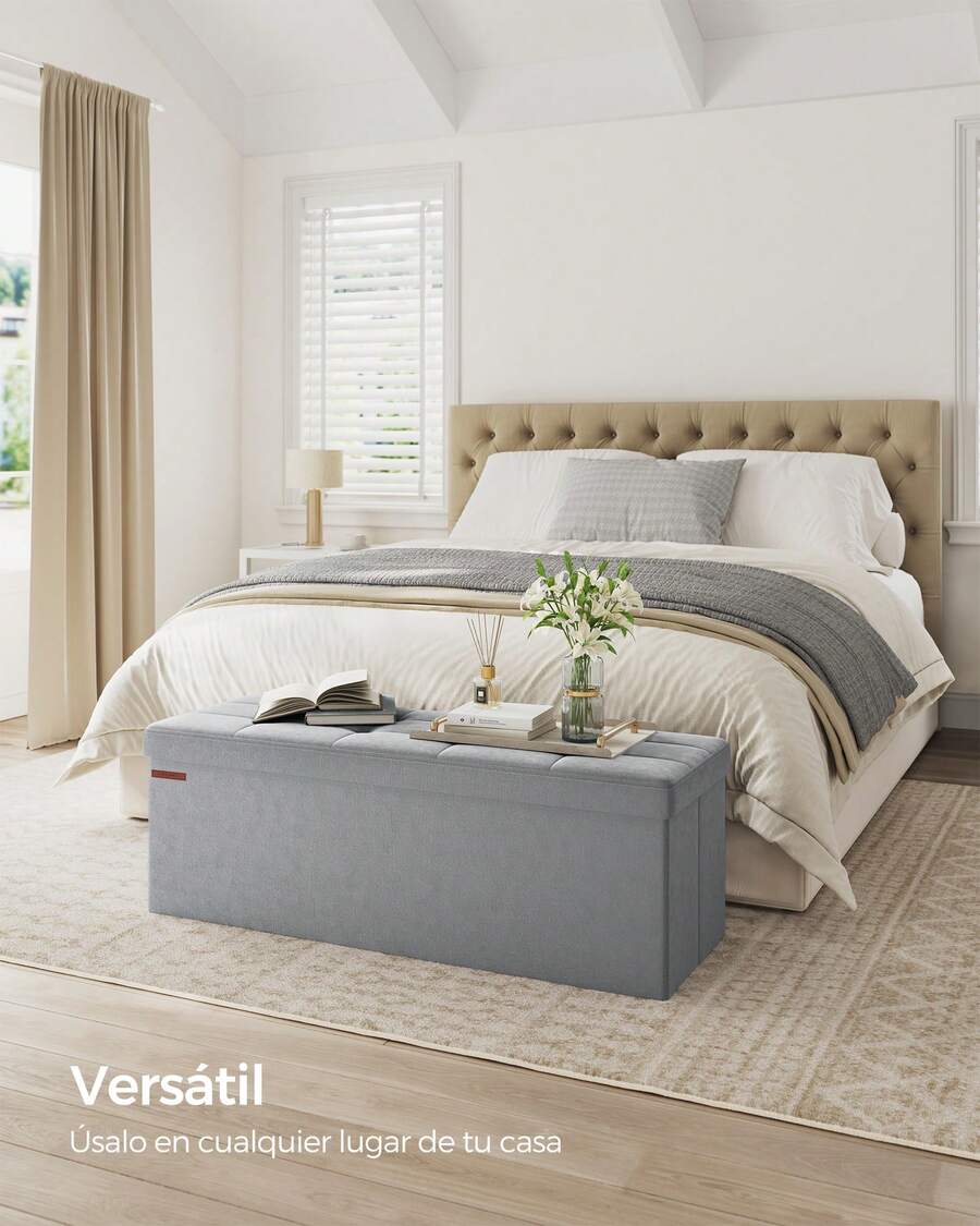 Puff Almacenaje, Baúl de Almacenaje Plegable, 38 x 110 x 38 cm, Taburete Reposapiés, Banco de Cubo, Soporta hasta 300 kg, para Sala de Estar, Dormitorio, Entrada, Gris Paloma - Gris Claro - Ver 1