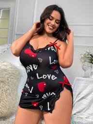 1pc Plus Size Ladies Letter Love Lace Splicing Suspender Nightdress, Moo Moo Night Dress