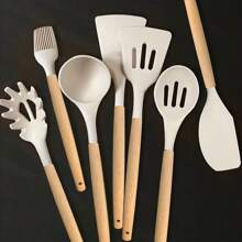 Set di 7 utensili da cucina in silicone con impugnature in legno - Utensili da cottura antiaderenti e resistenti al calore, perfetti per l'uso domestico e in ristorante - Ideali per le vacanze come Ognissanti, Natale, San Valentino, Ringraziamento, Festa della Mamma