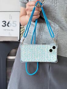 花朵 1 件蓝色郁金香 Ditsy 花卉透明挂绳手机壳带挂孔，柔软 TPU 防摔手机壳，带 1 件 4 毫米蓝色可调节挂绳，兼容 16/16Pro/16PLUS/16Promax/16E/15/11/12/13/14/13mini/XR/7P/8P