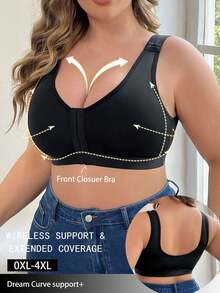 Sujetador sin varillas de cierre delantero de talla grande, cómodo para uso diario - Negro - Ver 2