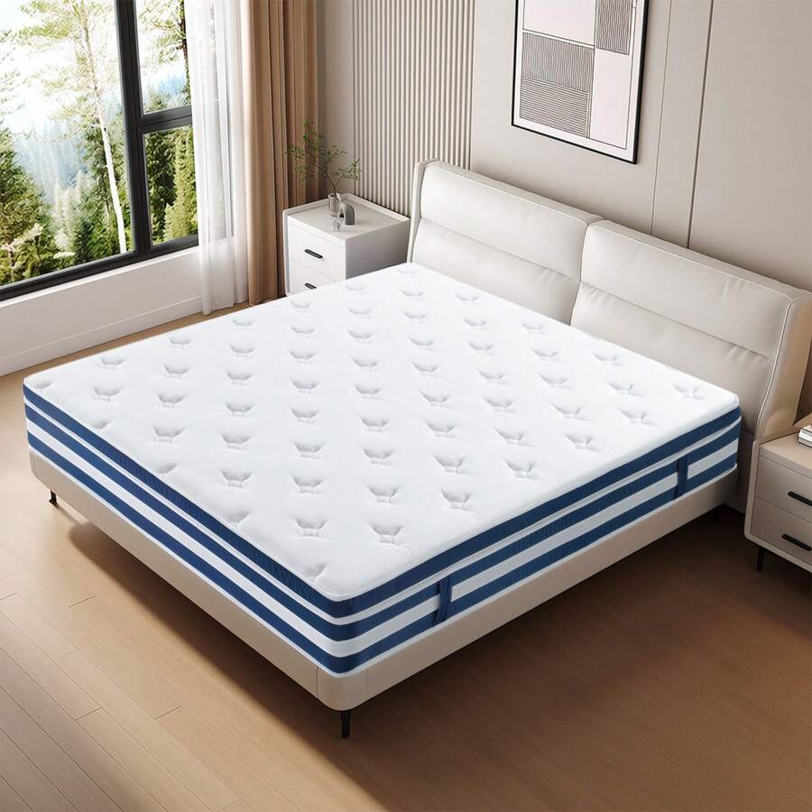 High Quality High Rebound Full Size Individual Innnerspring Freshing Cooled Gel Memory Foam Hybrid Comfortable Cushion Medium Firm Bed Mattress 12 In 10 In - White - View 1