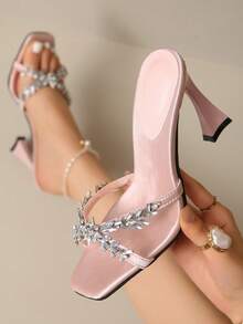 Satin Slide Sandals For Women, Horseshoe Heel, Crystal Decor, Sexy Open Toe Mule Slippers, Suitable For Summer 2025 New Arrivals - Pink - View 3