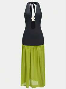 Hollow Out Color Blocking Backless Halter Dress, Sexy