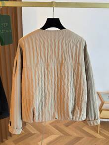 Women's Casual Jacket, Striped Woven Fabric, Pockets With Zipper, Puff Shoulder Design, Oversized Fit, Suitable For Various Figures, High-Quality Solid Color, Simple And Fashionable, Versatile For Daily Commute In Autumn/Winter - Khaki - View 3