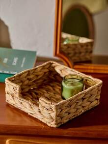 Cirelle 1pc Napkin Holder, For Table, Napkin Basket,Rattan Napkin Holders For Kitchen, Wicker Tray For Napkin, Water Hyacinth Handwoven Square Serving Tray For Dinning Room, Square,18*18*7cm
