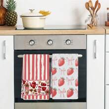 2pcs Set, Cartoon & Simple Striped Strawberry Kitchen Towel, Hand Towel, Polyester Dish Cloth, Soft Absorbent Drying Cloth, Kitchen & Cleaning Supplies, Bathroom Essentials