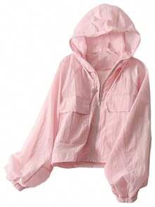 Women Sun Crop Jacket Loose Solid Color Long Sleeve Zipper Hoodie With Pockets For Summer Spring - Hồng - Xem 6