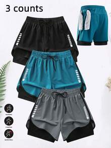 3pcs/Set Double Layer Sports Shorts With Lining, Loose Outer Layer And Tight Inner Layer, Breathable Quick-Dry, Suitable For Running, Fitness Workout And Casual Wear - Multicolor - View 1
