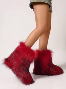 女式人造毛皮靴毛茸茸圆头绒面革冬季舒适毛绒保暖短款户外室内平底鞋中筒靴时尚靴子 - 紅色 - 查看 4