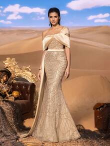 Faeriesty Haute Glamour Luxurious Off-Shoulder Sequin Gown With Asymmetrical Draped & Mermaid Train – Elegant Formal Evening Dress For Red Carpet Galas, Black-Tie Events, Luxury Wedding Receptions, Opera Nights, And Charity Balls
