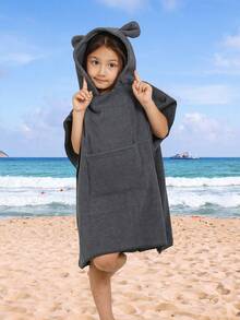 1pc Cute Bear Ear Design Hooded Bath Towel With Pocket, Thick Super Soft Microfiber, Water Absorbent Warm, Children With Snap Closure, Swimwear/Bathrobe, Bathroom Essential - Dark Grey - View 1