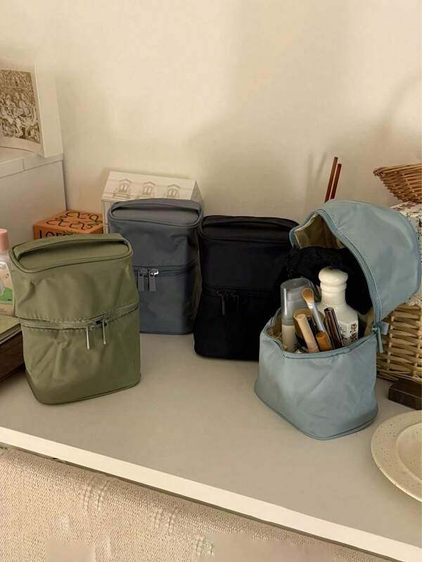 Solid Color Oval Shaped Makeup Bag, Fabric Soft Zipper Design, Minimalist Stylish Toiletry Bag For Home, Travel, Daily Use Travel Essentials Travel Accessories Travel Must Haves Holiday Essentials Holiday Travel Bag