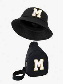 2pcs/Set Kids Letter Print Bucket Hat And Shoulder Crossbody Bag, Stylish And Minimalist, Suitable For Boys And Girls Outdoor Wear, Spring/Summer - Black - View 5