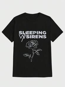 Para hombre,Dise?o con texto Sleeping With Sirens y imagen de rosa,Camiseta casual de cuello redondo y manga corta con estampado,adecuada para uso diario en primavera y verano,unisex - Negro - Ver 1