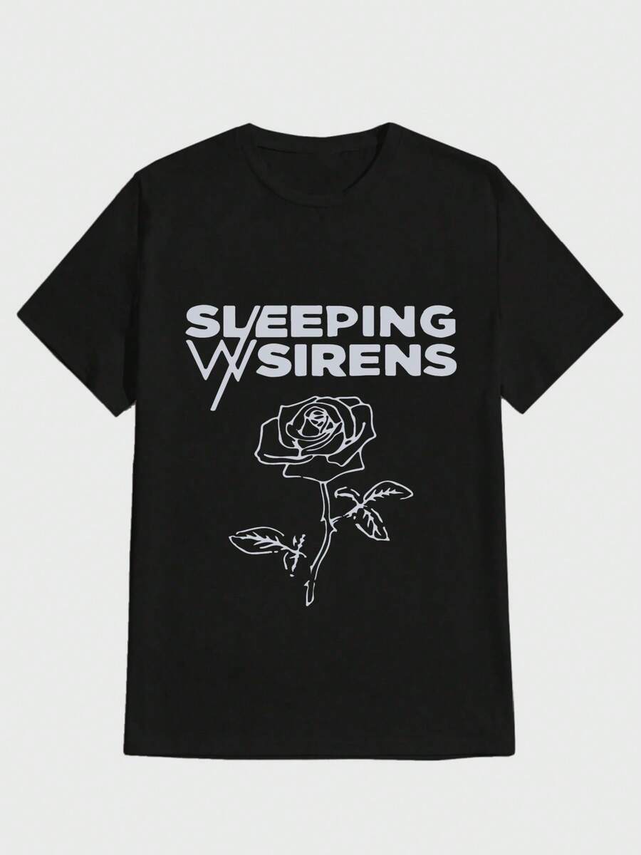 Para hombre,Dise?o con texto Sleeping With Sirens y imagen de rosa,Camiseta casual de cuello redondo y manga corta con estampado,adecuada para uso diario en primavera y verano,unisex - Negro - Ver 1