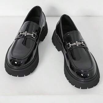 Loafers, Patent Leather, Shiny Black With Metallic Accents, Suitable For Daily Wear, Wedding, Casual Parties, Beach, Business, Conservative, College, Vintage And Simple Style