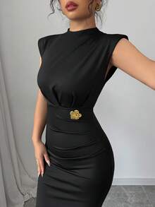 Women's Rose Gold Metal Buckle Waist Fitted Dress - Black - View 3
