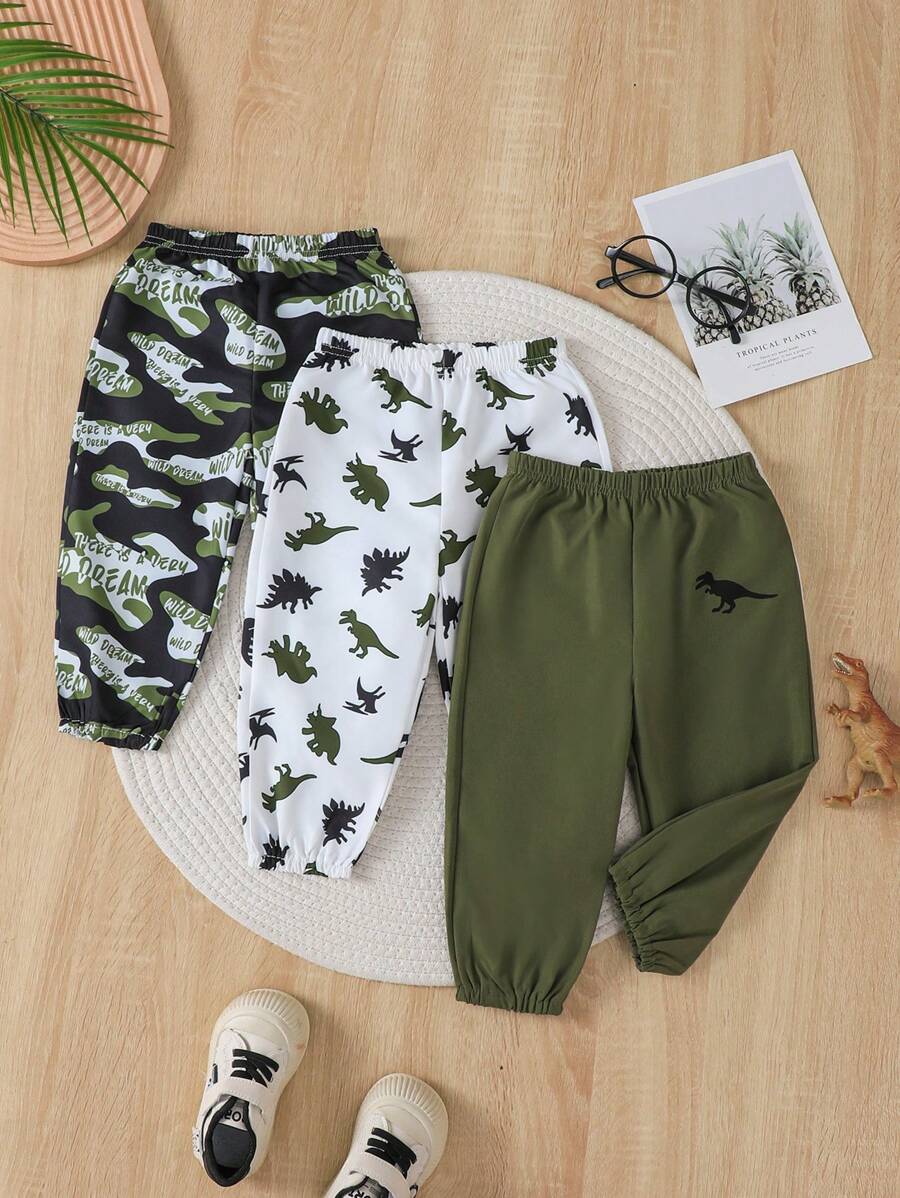 3pcs/Set Casual Sports Dinosaur & Camouflage Print Pants, Suitable For Spring, Summer And Autumn