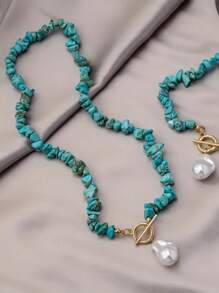 Women's Jewelry Set With Turquoise Chips And Faux Baroque Pearls, Includes 2pcs Simple Alloy Fashion Accessories, Suitable For Daily Wear - Necklace And Bracelet Set